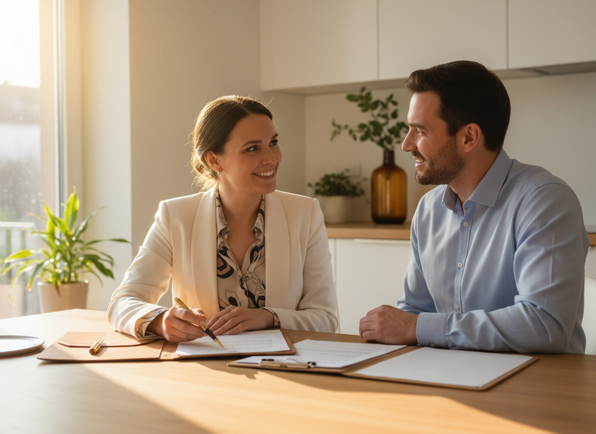 A warm, welcoming professional scene of a friendly notary signing documents with a client at a bright wooden kitchen table in a sunlit home